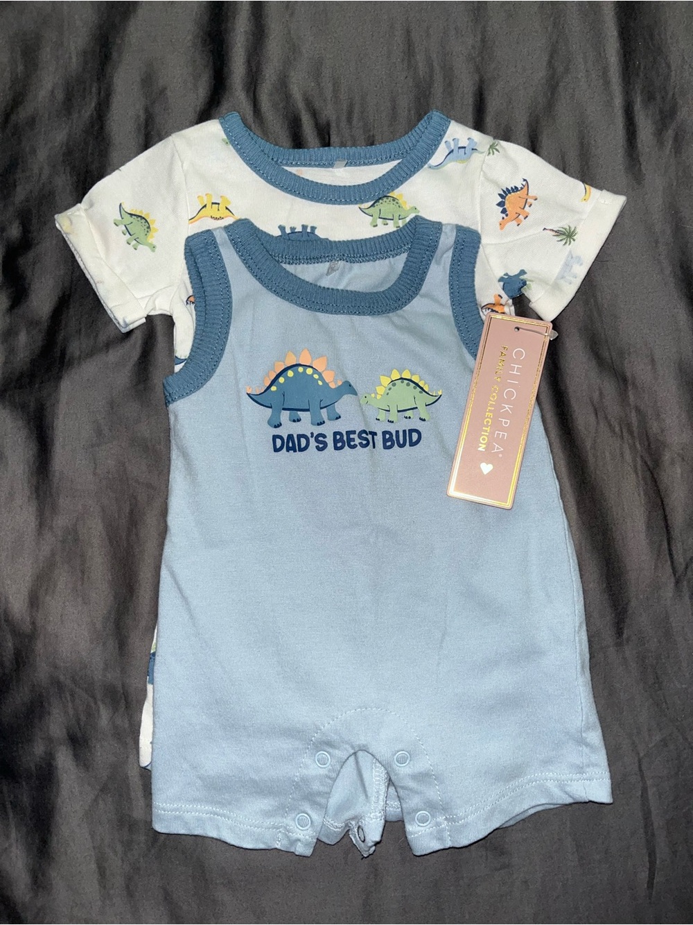 Blue Dino Print Dad’s Best Bud & White Dino Baby Boy Romper Set Bamboo Material
